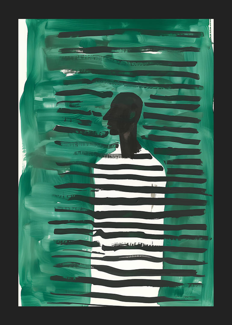 Um cartaz com uma silhueta rodeada de linhas verdes e pretas-12