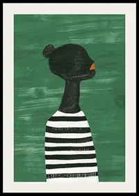 A poster of a black silhouette in a black and white striped shirt against a green background-2