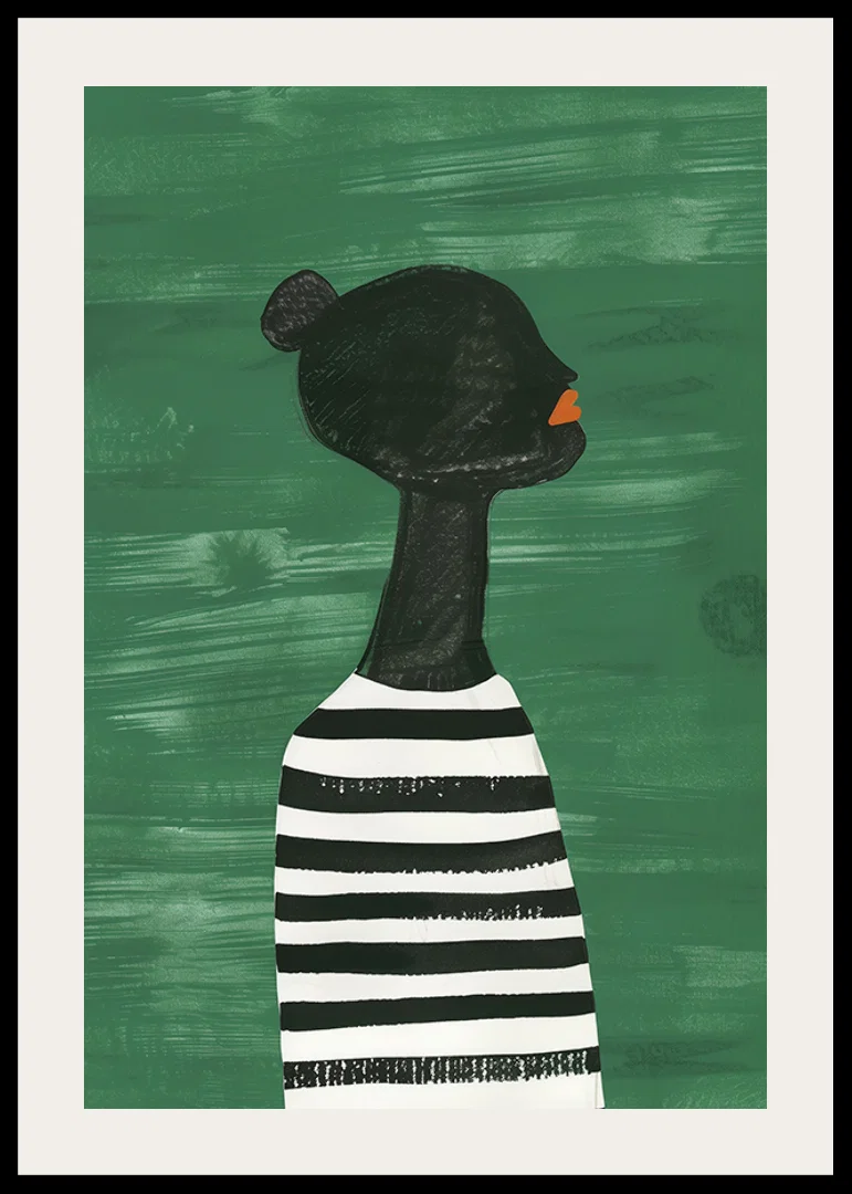 A poster of a black silhouette in a black and white striped shirt against a green background-12