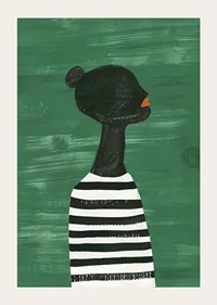 A poster of a black silhouette in a black and white striped shirt against a green background-3