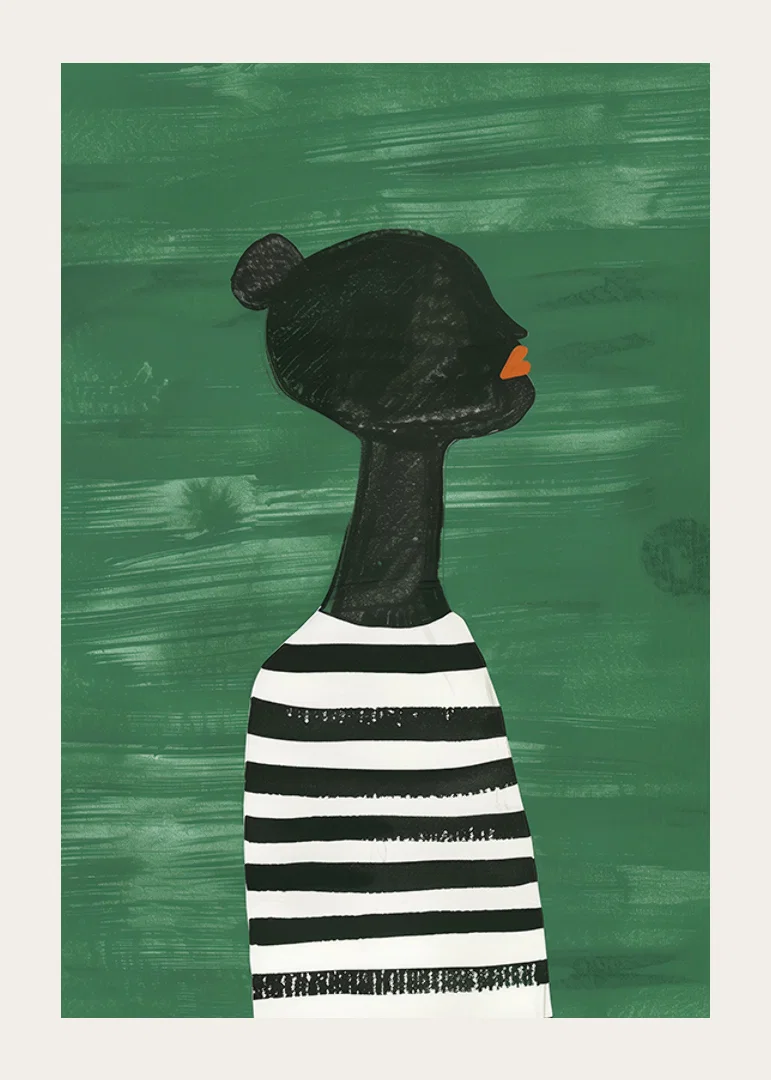 A poster of a black silhouette in a black and white striped shirt against a green background-12
