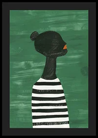 A poster of a black silhouette in a black and white striped shirt against a green background-4