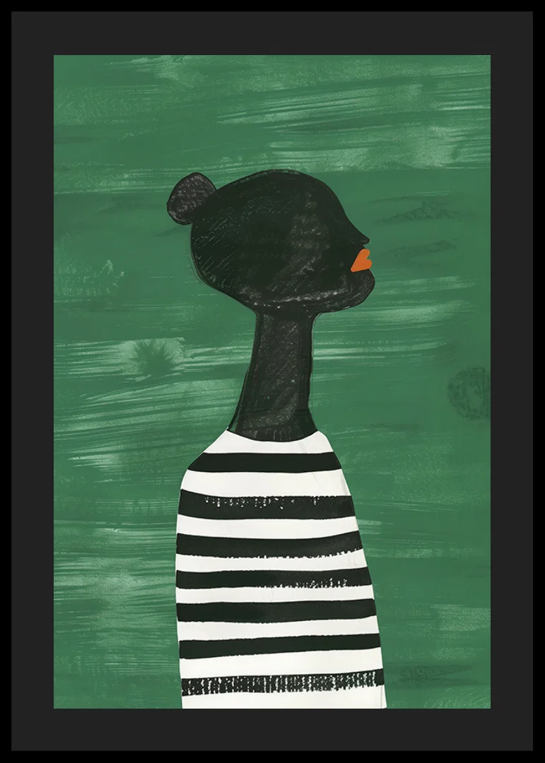 A poster of a black silhouette in a black and white striped shirt against a green background-12