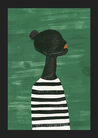 A poster of a black silhouette in a black and white striped shirt against a green background-5