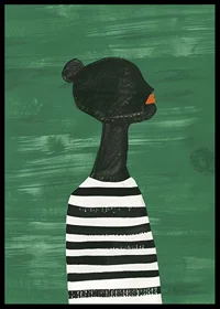 A poster of a black silhouette in a black and white striped shirt against a green background-6