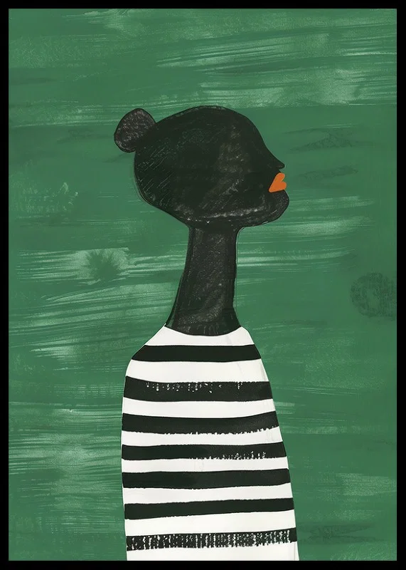 A poster of a black silhouette in a black and white striped shirt against a green background-12