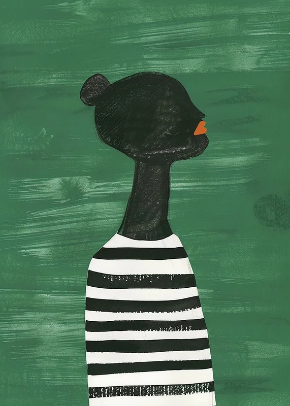 A poster of a black silhouette in a black and white striped shirt against a green background-12
