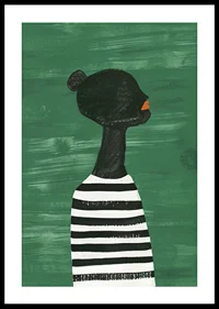 A poster of a black silhouette in a black and white striped shirt against a green background-0