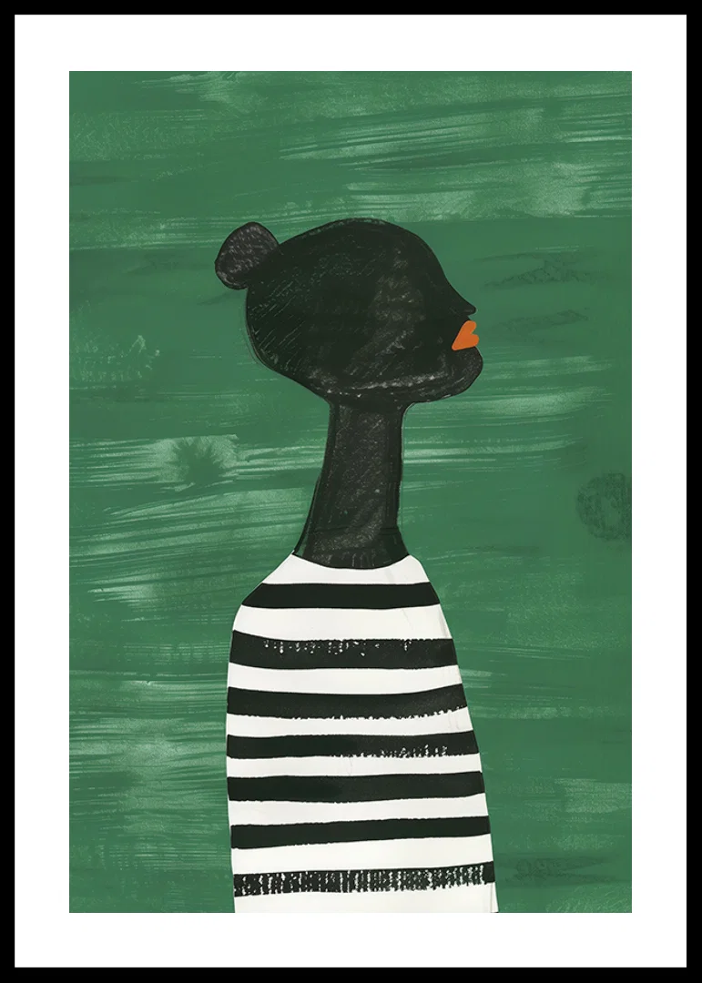 A poster of a black silhouette in a black and white striped shirt against a green background-12