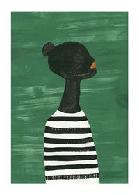 A poster of a black silhouette in a black and white striped shirt against a green background-1