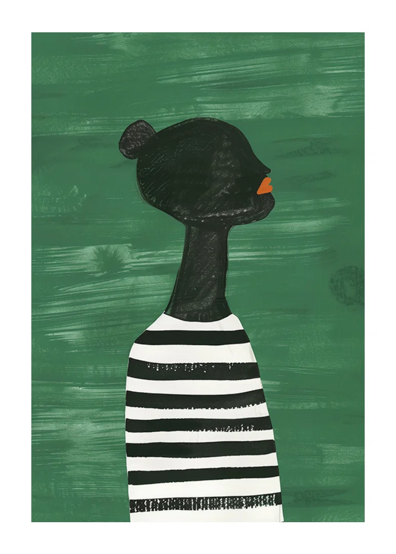 A poster of a black silhouette in a black and white striped shirt against a green background-12
