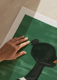 A poster of a black silhouette in a black and white striped shirt against a green background-9