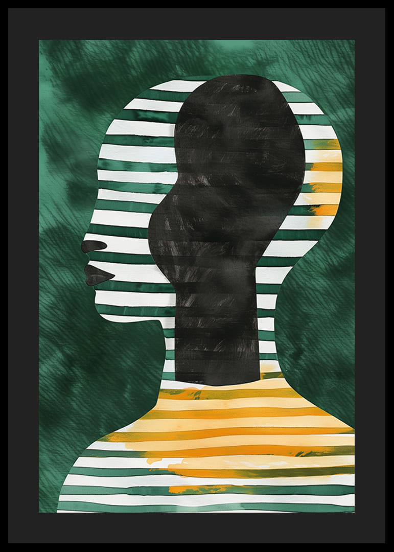 En plakat med stripet silhuett i profil mot grønn bakgrunn-12