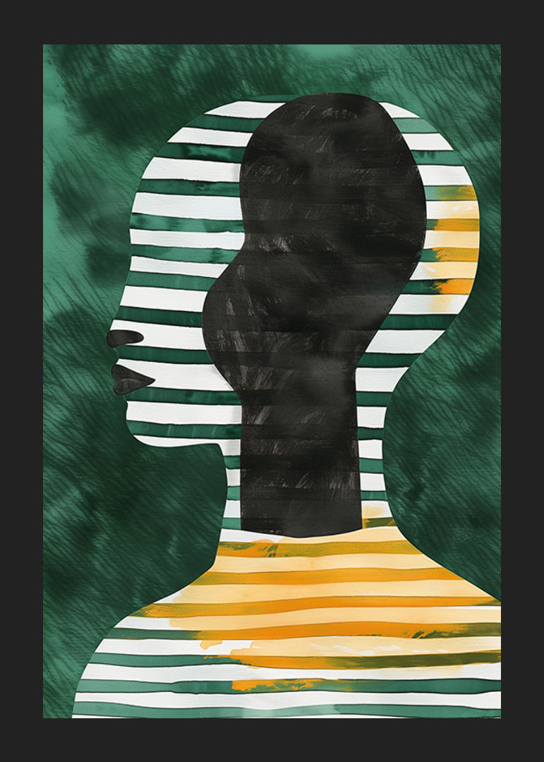 En plakat med stripet silhuett i profil mot grønn bakgrunn-12