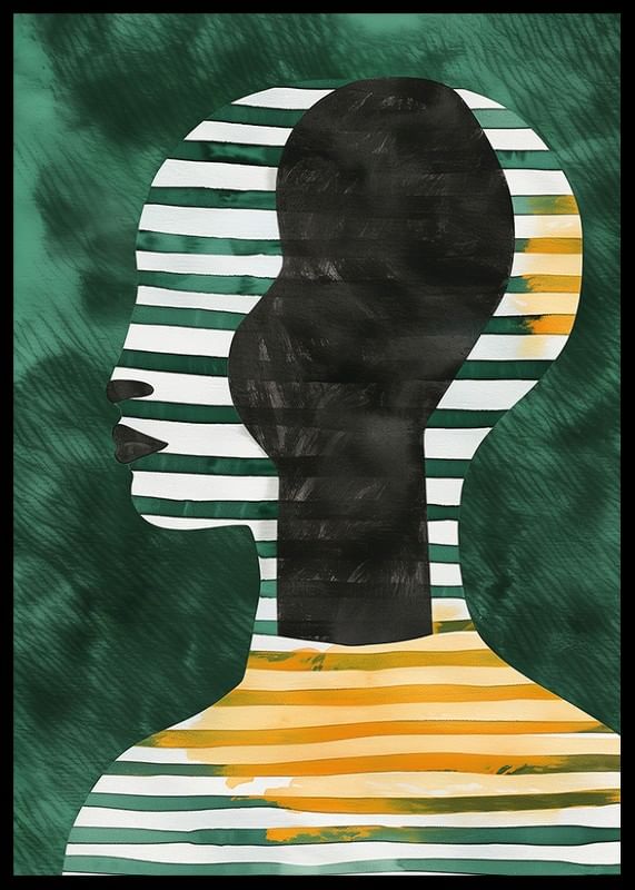 Une affiche avec une silhouette rayée de profil sur un fond vert-12