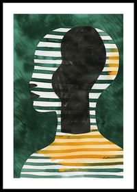 Une affiche avec une silhouette rayée de profil sur un fond vert-0