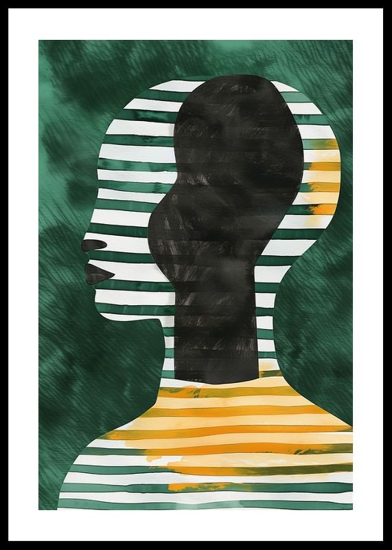 Une affiche avec une silhouette rayée de profil sur un fond vert-12