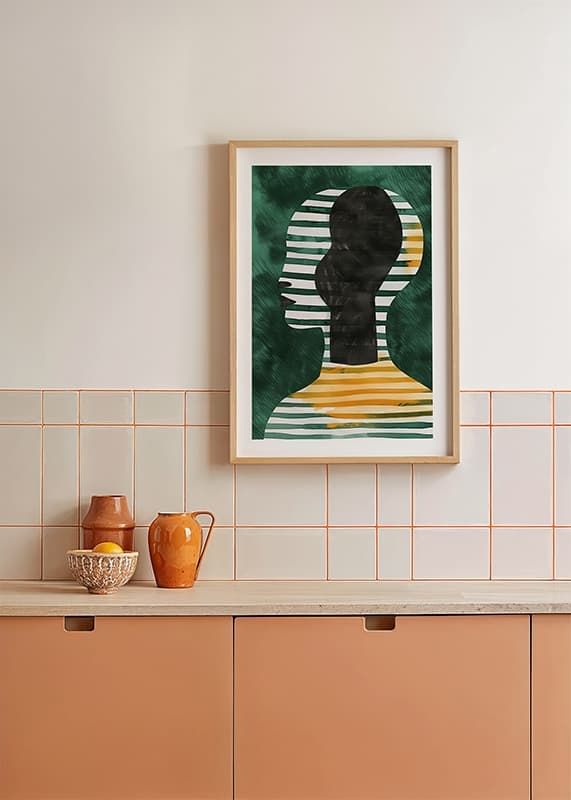 Une affiche avec une silhouette rayée de profil sur un fond vert-12