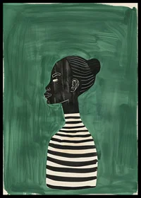 A poster of a female silhouette in a black and white striped sweater against a green background-0