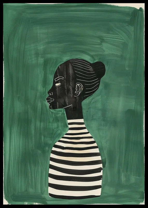 A poster of a female silhouette in a black and white striped sweater against a green background-12