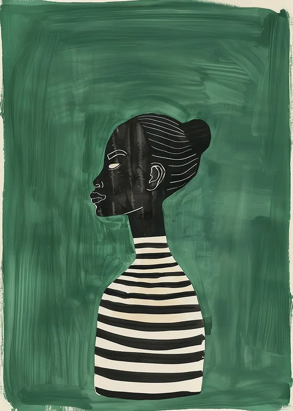 A poster of a female silhouette in a black and white striped sweater against a green background-12