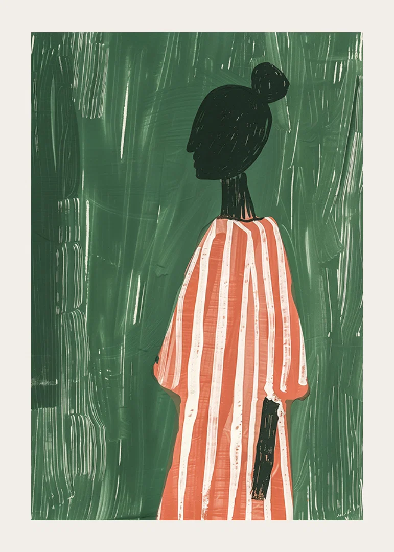 A poster of a silhouette in a red and white striped dress against a green background-12