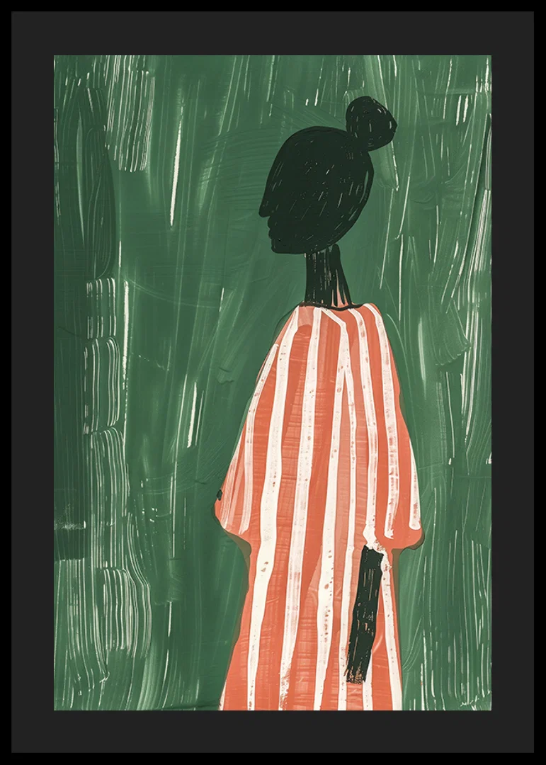 A poster of a silhouette in a red and white striped dress against a green background-12