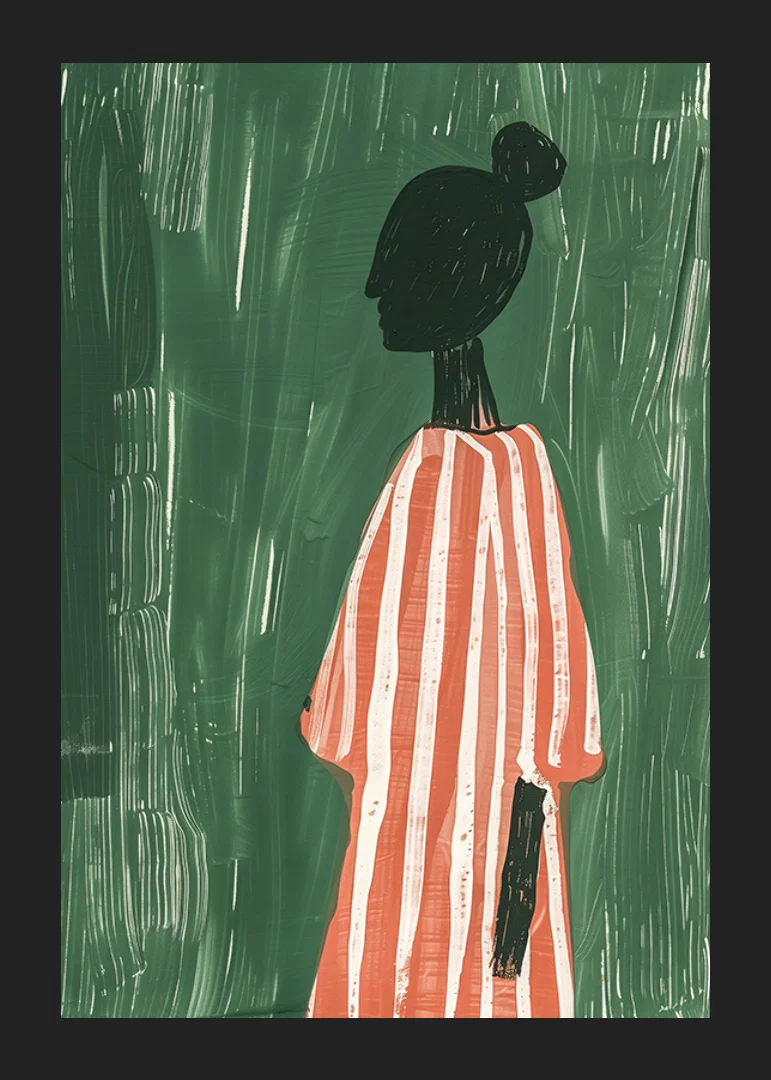 A poster of a silhouette in a red and white striped dress against a green background-12