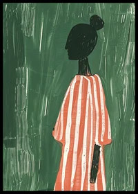 A poster of a silhouette in a red and white striped dress against a green background-6