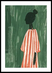 A poster of a silhouette in a red and white striped dress against a green background-0