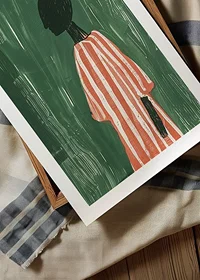 A poster of a silhouette in a red and white striped dress against a green background-8