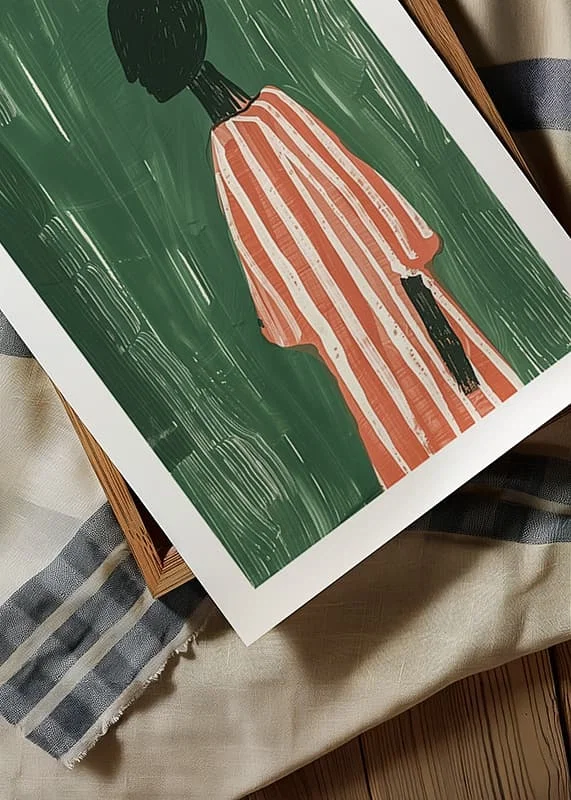 A poster of a silhouette in a red and white striped dress against a green background-12