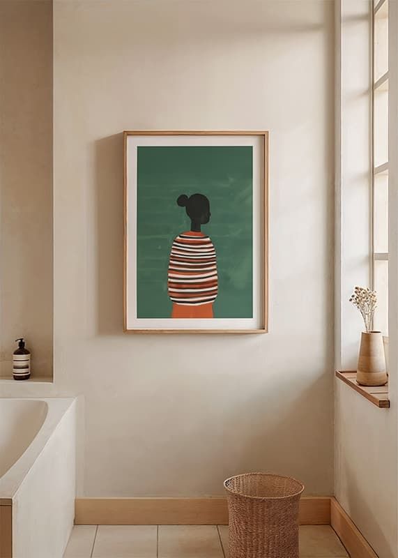 En plakat af en stilfuld silhuet i en stribet sweater mod en grøn baggrund-12