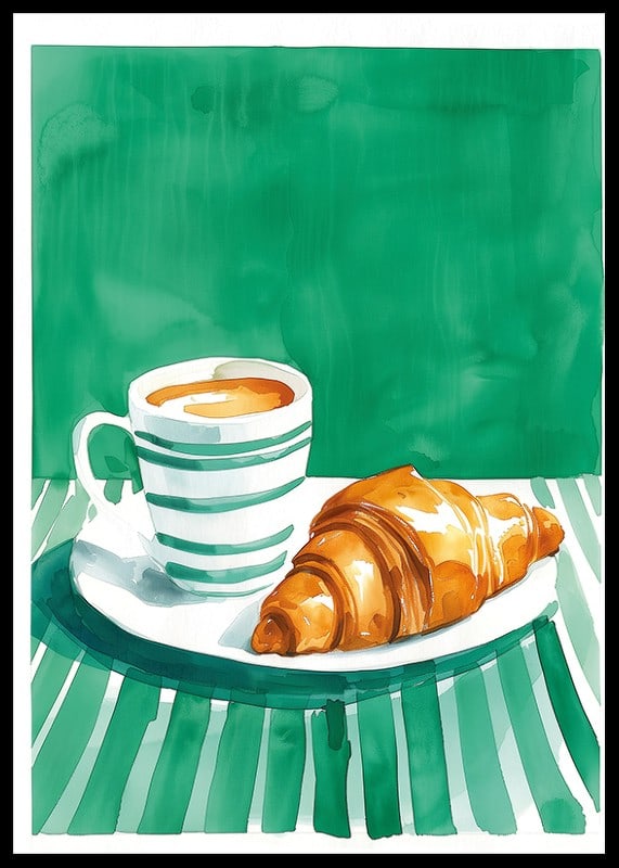 Un poster di una tazza di caffè e un croissant dorato in stile acquerello-12