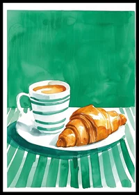 A poster of a cup of coffee and a golden croissant in watercolor style-0