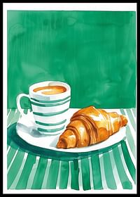 Un poster cu o ceașcă de cafea și un croissant auriu în stil acuarelă-0