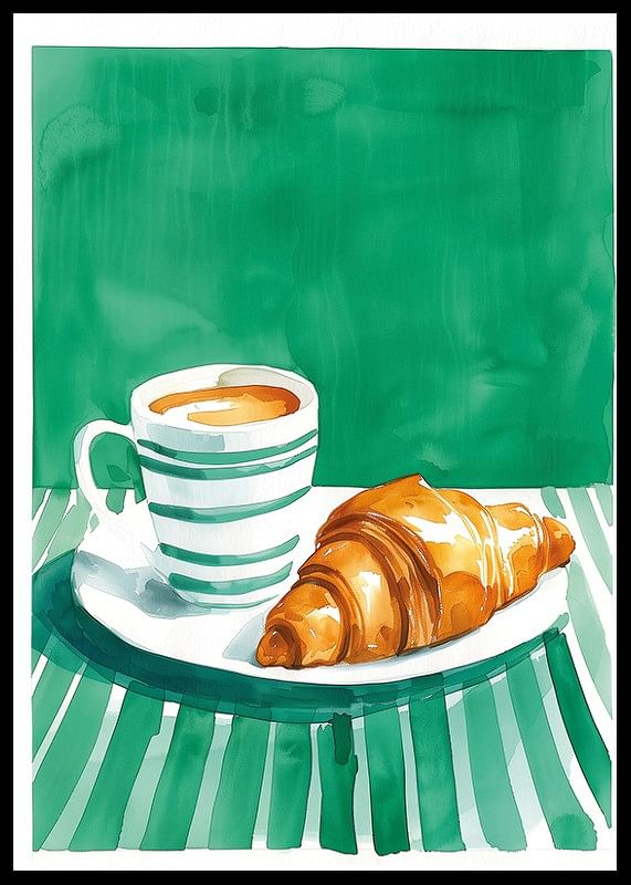 Un poster cu o ceașcă de cafea și un croissant auriu în stil acuarelă-12