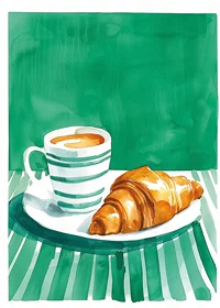 A poster of a cup of coffee and a golden croissant in watercolor style-1