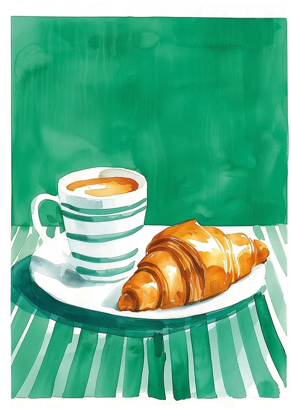 A poster of a cup of coffee and a golden croissant in watercolor style-12