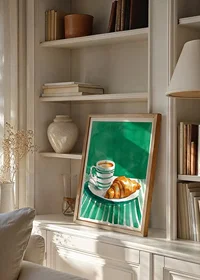A poster of a cup of coffee and a golden croissant in watercolor style-2
