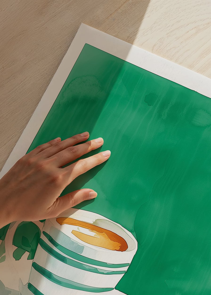 Un poster di una tazza di caffè e un croissant dorato in stile acquerello-12
