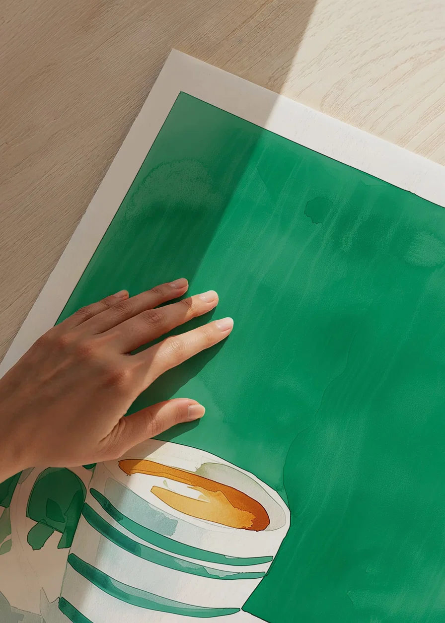 A poster of a cup of coffee and a golden croissant in watercolor style-12
