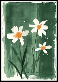 En poster med vita blommor i akvarellstil mot grön bakgrund-0