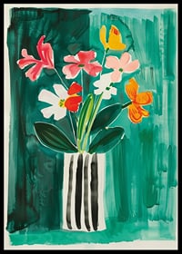  En poster med livliga blommor i en randig vas mot grön bakgrund-0