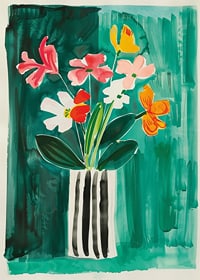  En poster med livliga blommor i en randig vas mot grön bakgrund-1