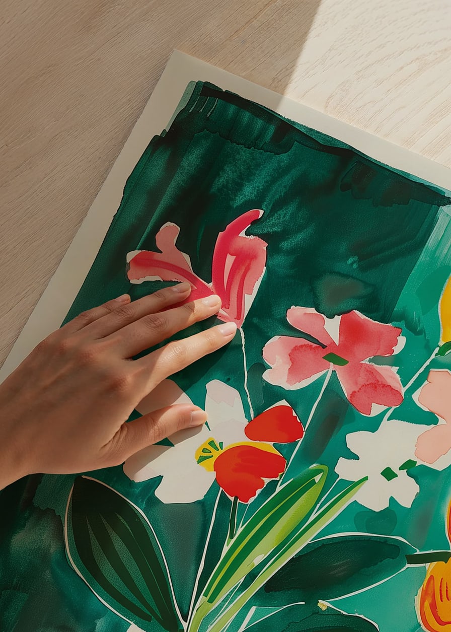  En poster med livliga blommor i en randig vas mot grön bakgrund-12