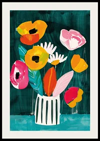  En poster med livliga blommor i en randig vas mot grön bakgrund-2