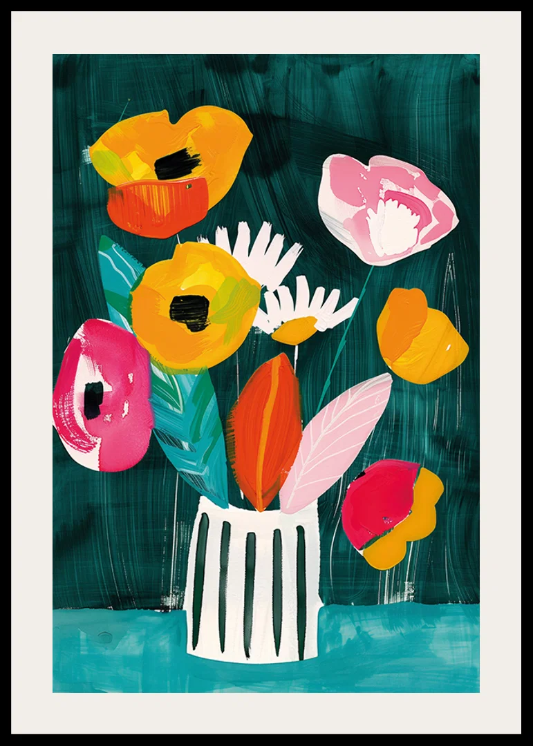  En poster med livliga blommor i en randig vas mot grön bakgrund-12