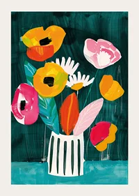 En poster med livliga blommor i en randig vas mot grön bakgrund-3