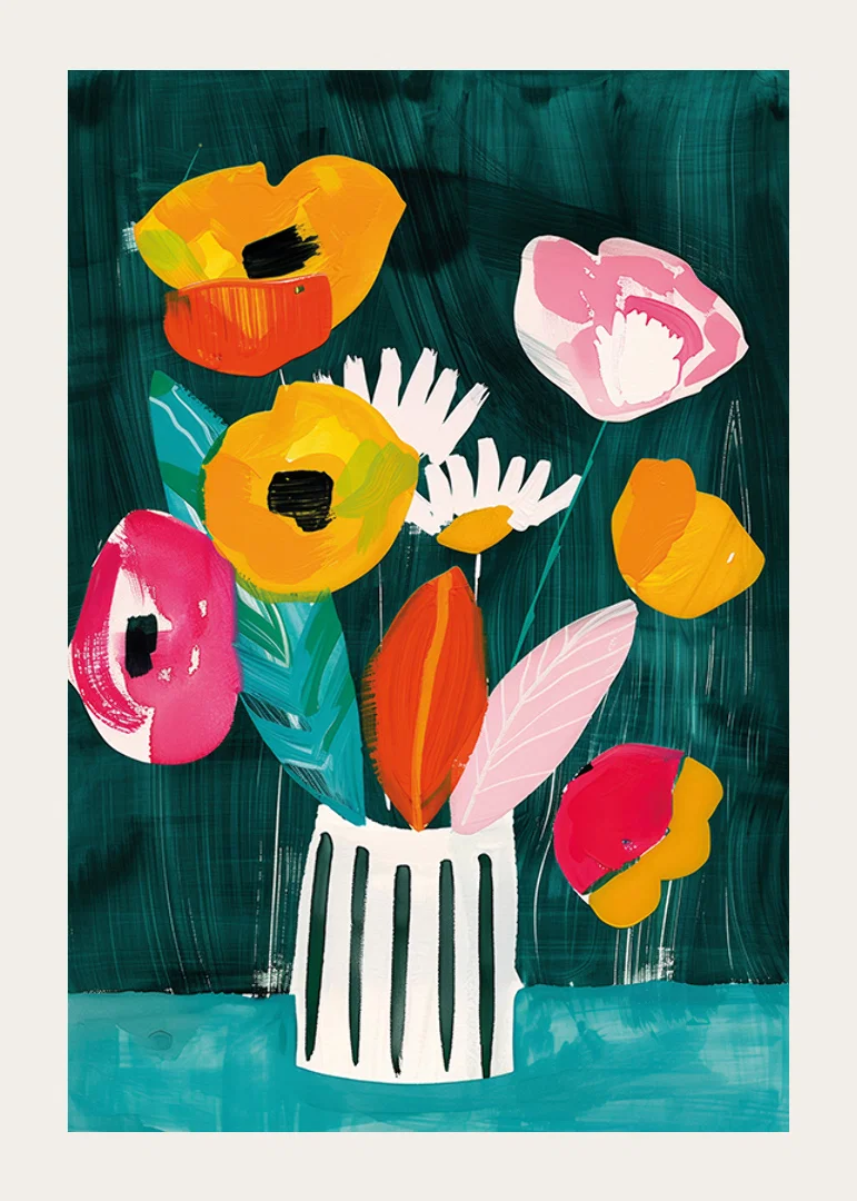  En poster med livliga blommor i en randig vas mot grön bakgrund-12